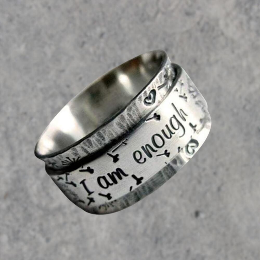 I Am Enough Sterling Silver Dandelion Ring, Boho Silver Mantra Ring